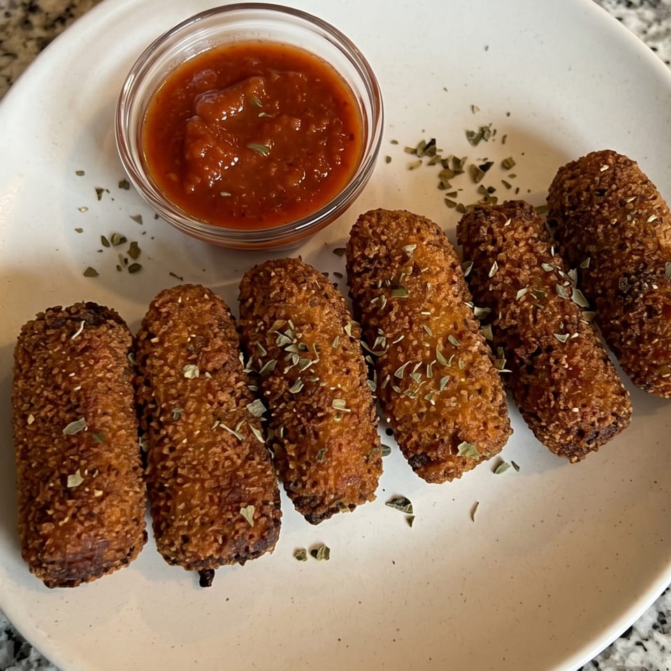 Six crispy mozzarella sticks with dried herbs, served with a side of marinara sauce.
