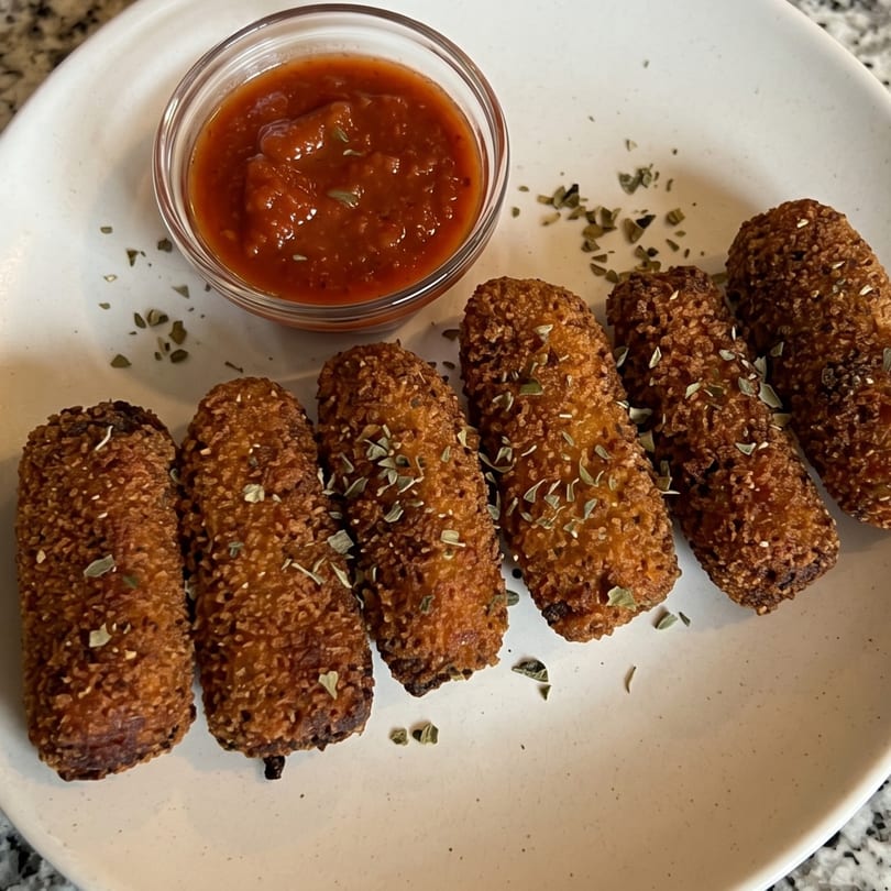 Six crispy mozzarella sticks with dried herbs, served with a side of marinara sauce.