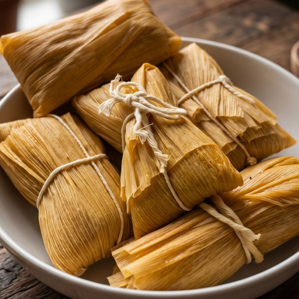 Several golden tamales, some tied with string, are arranged in a white bowl on a wooden surface.