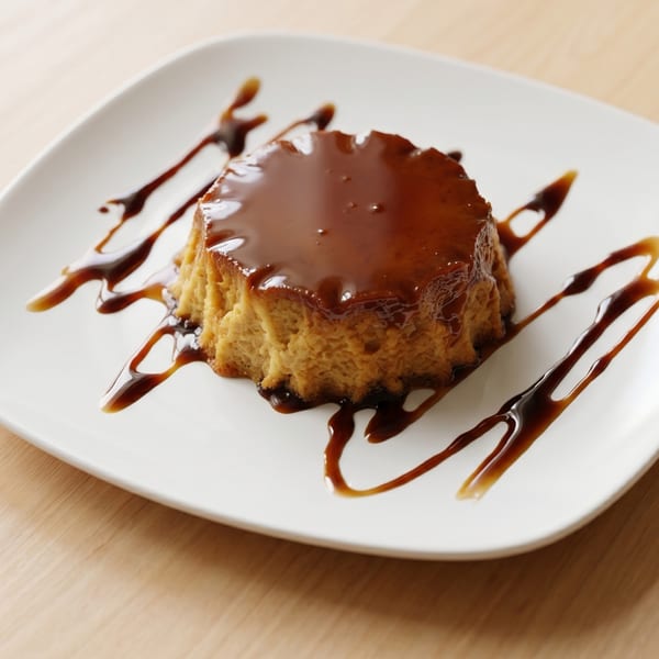 A golden flan dessert with a glossy caramel topping and drizzle on a white square plate.